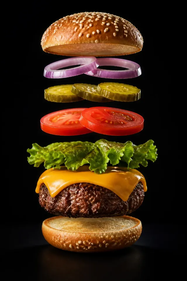 Exploded Burger Layer Studio Photo