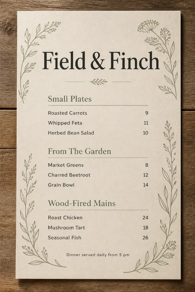 Farm To Table Botanical Paper Menu