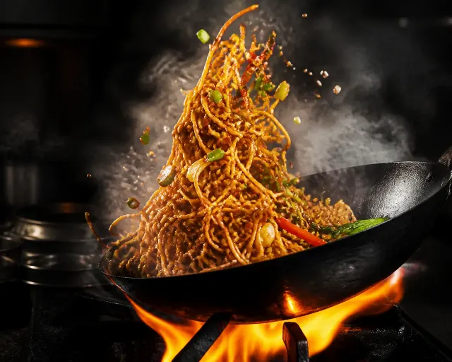 Fire-Tossed Noodles In A Dark Kitchen