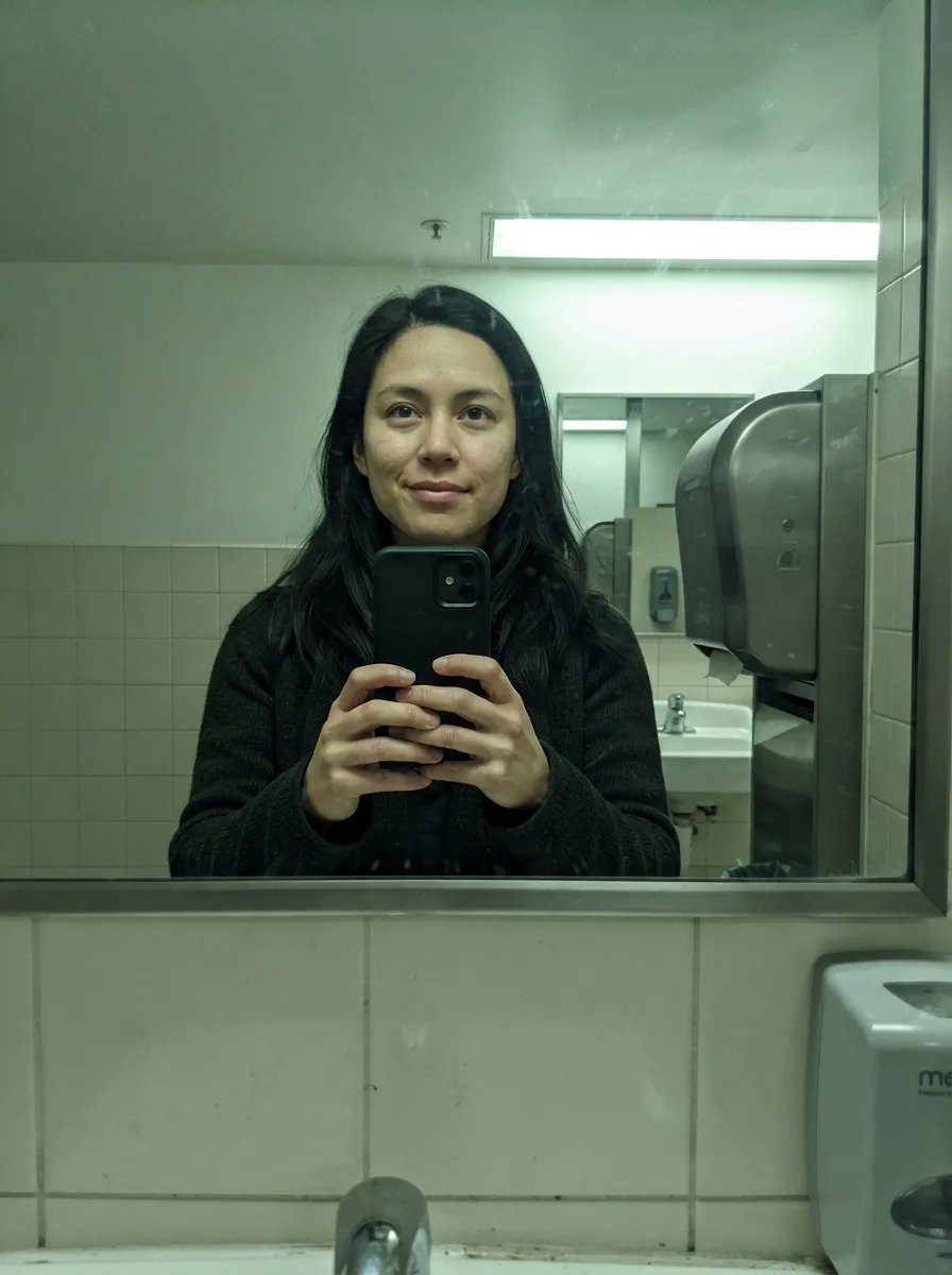 Fluorescent Public Bathroom Mirror Selfie