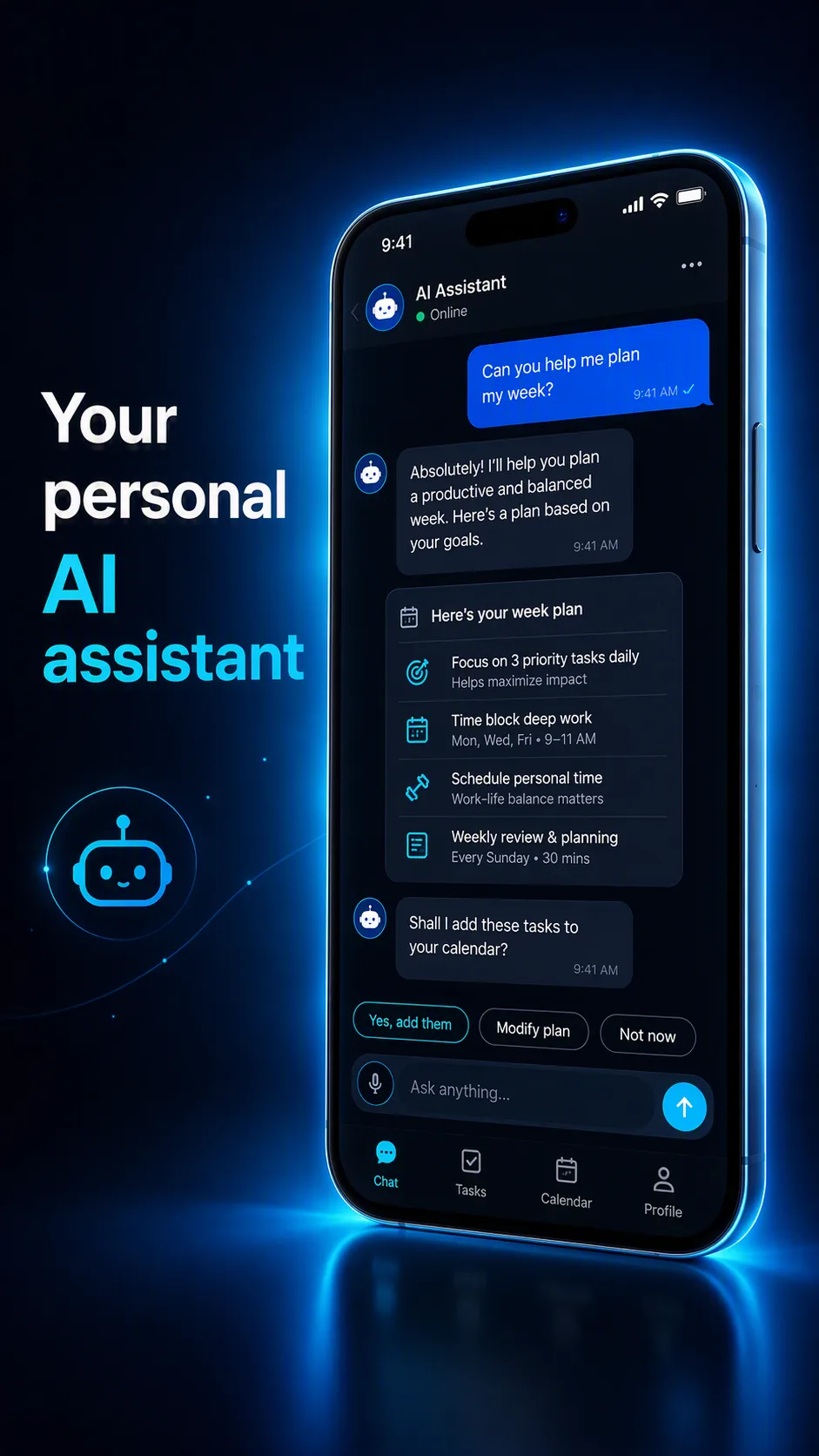 Glowing AI Assistant App Hero Screenshot