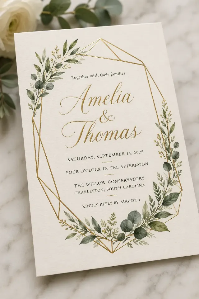 Gold Foil Geometric Greenery Invitation