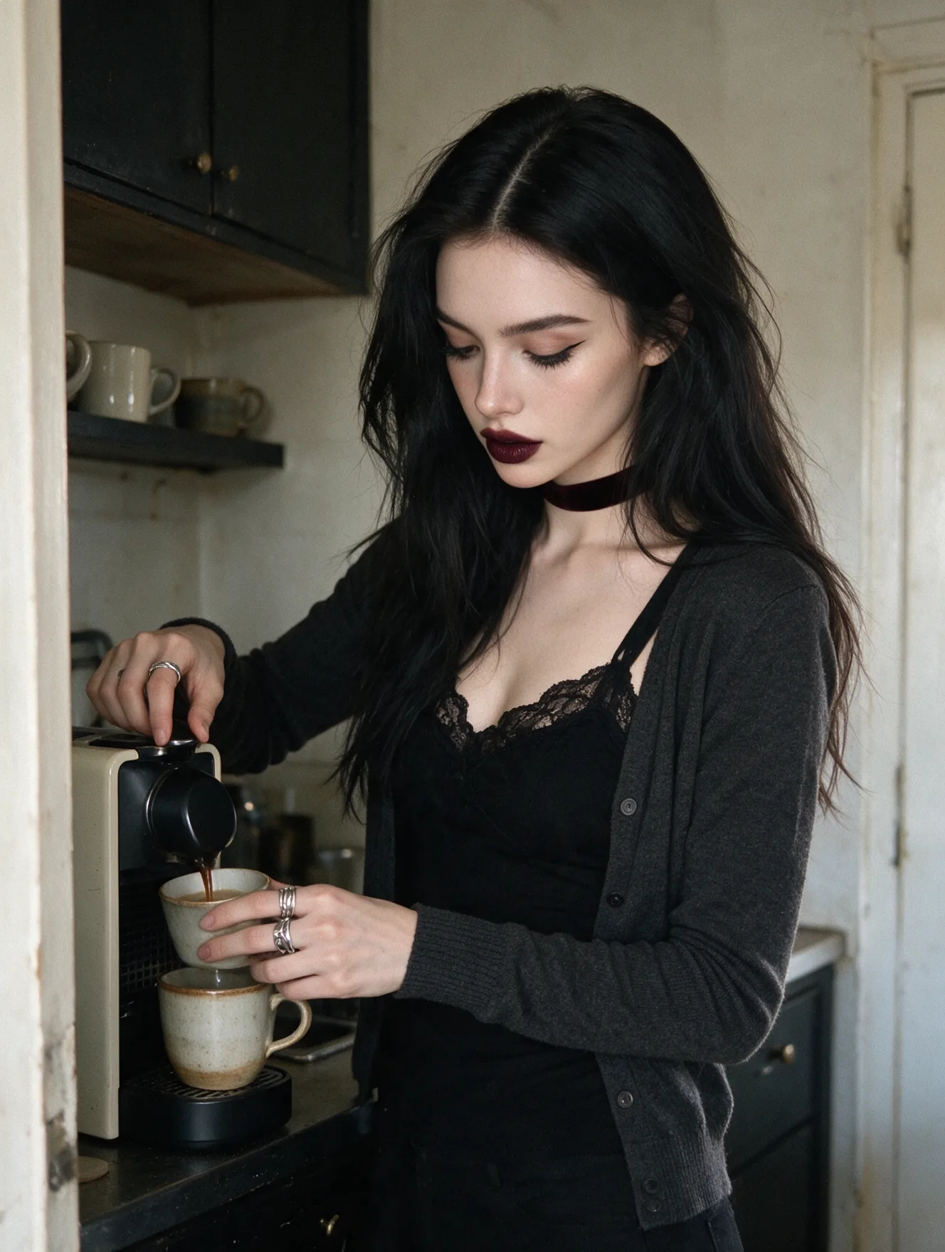 Goth Morning Coffee Kitchen Portrait