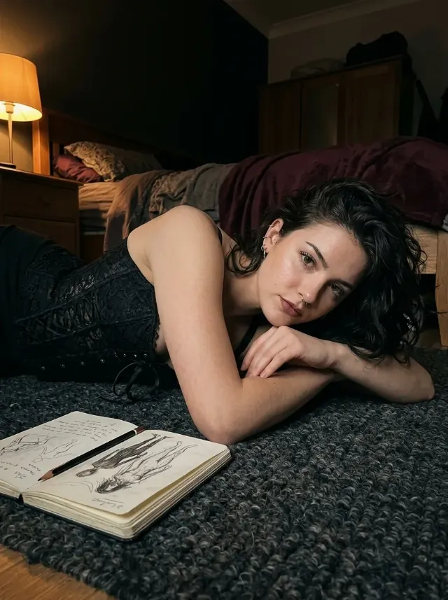 Goth Rug Portrait With Corset And Sketchbook