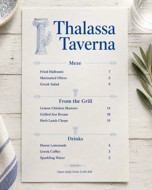 Greek Taverna Blue And White Menu