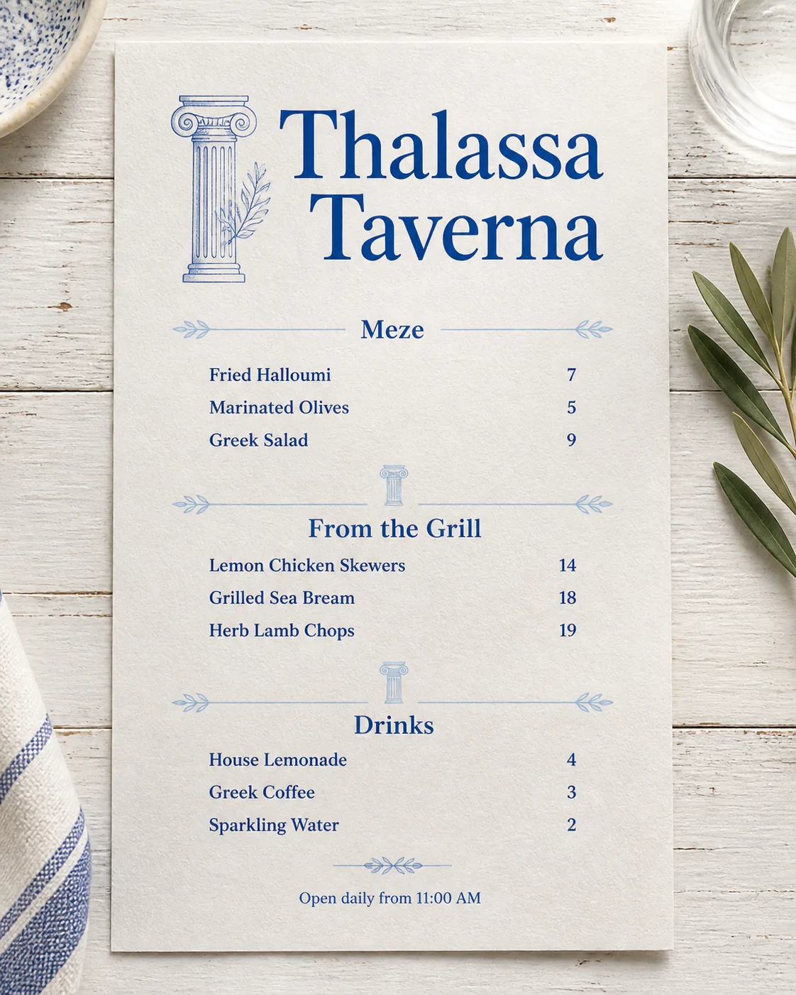 Greek Taverna Blue And White Menu