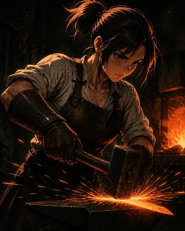 Gritty Anime Blacksmith Forge Illustration