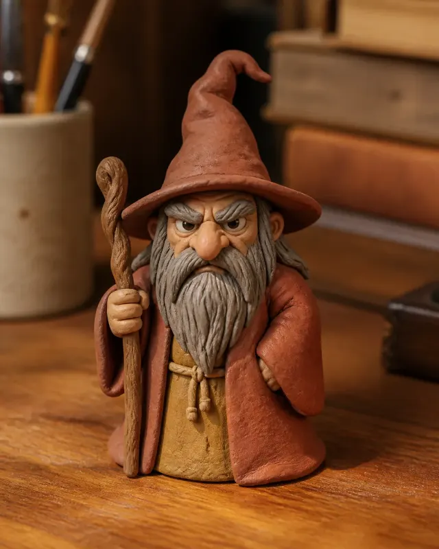 Grumpy Clay Wizard Figurine on Wooden Desk