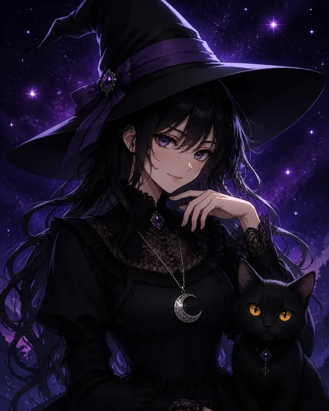 Half Body Anime Witch With Black Cat
