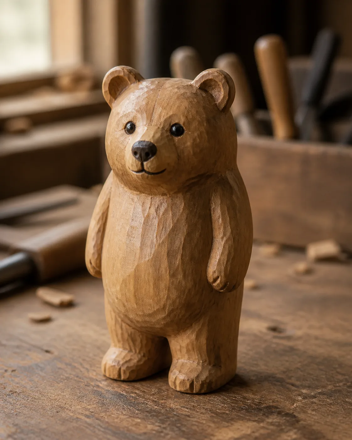 Hand-Carved Wooden Bear Workbench Figurine