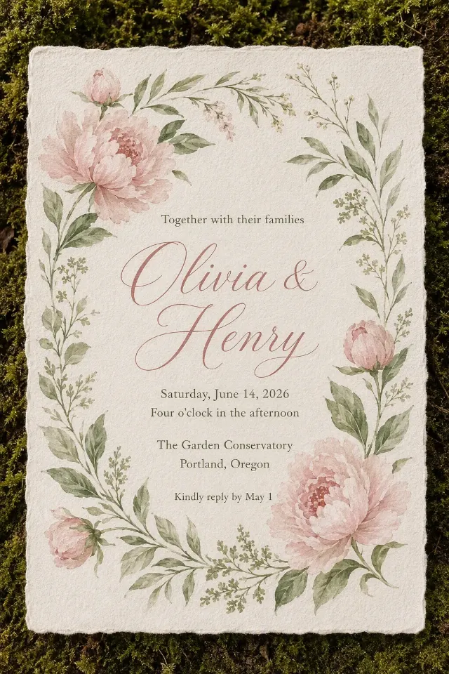 Hand Painted Peony Garden Wedding Invitation