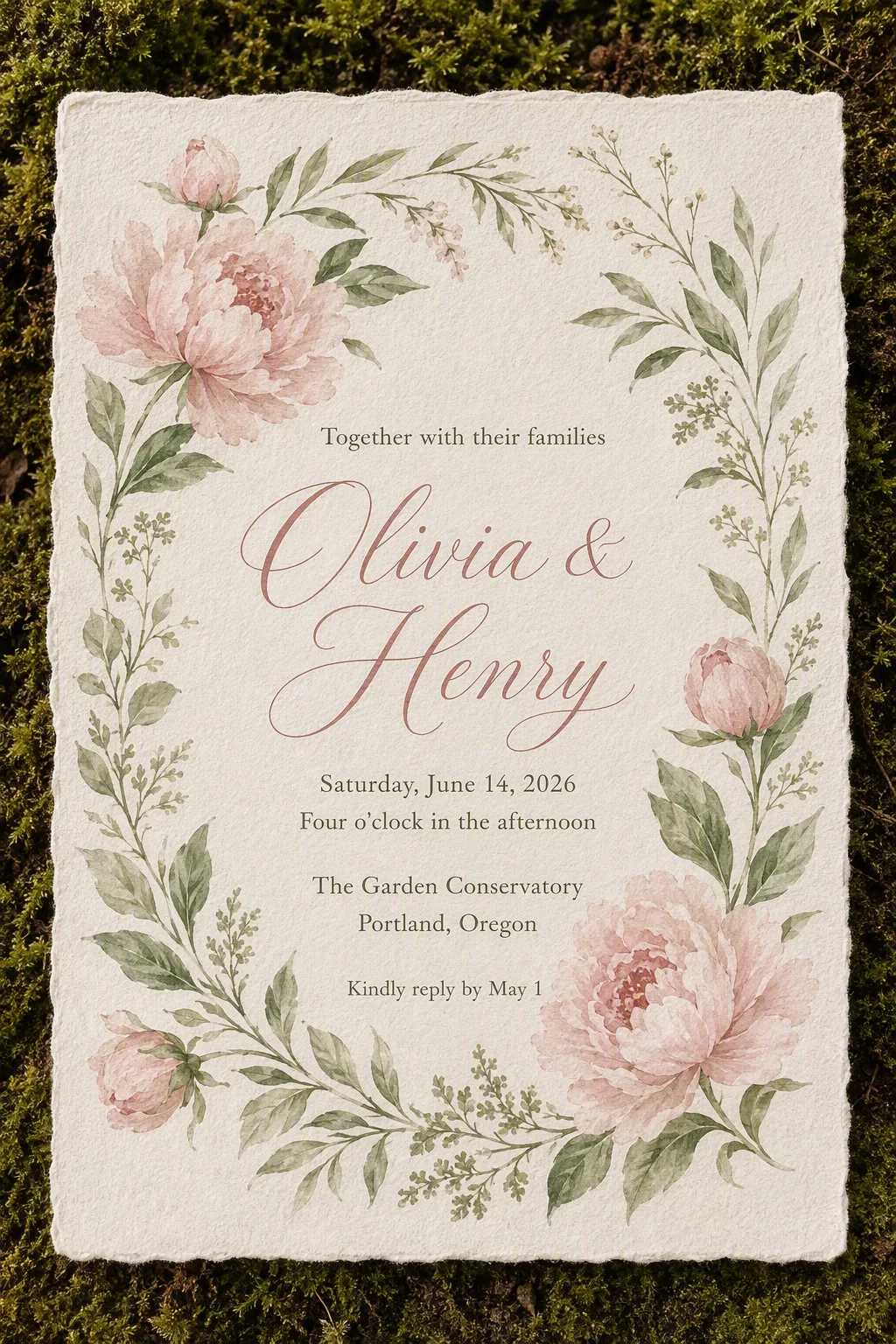 Hand Painted Peony Garden Wedding Invitation
