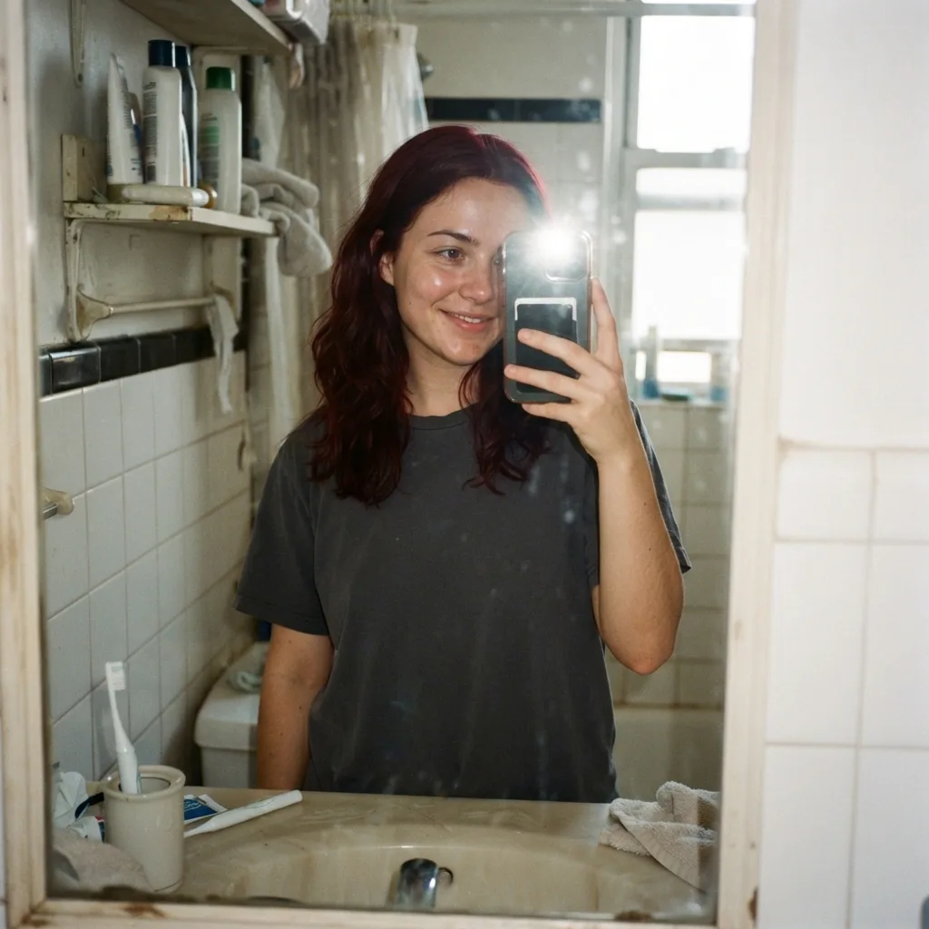 Harsh Flash Bathroom Mirror Selfie