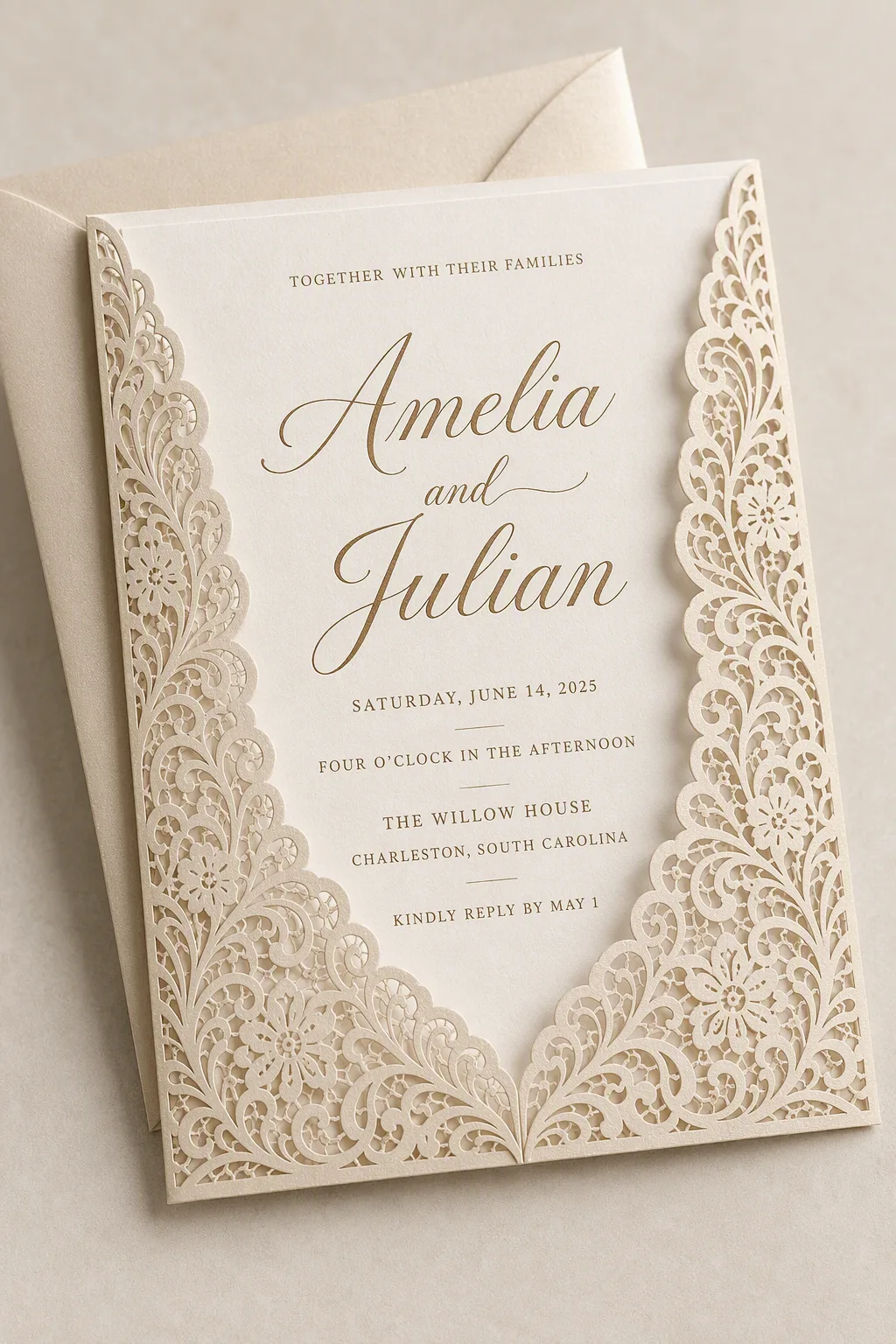Ivory Laser Cut Lace Wedding Invitation