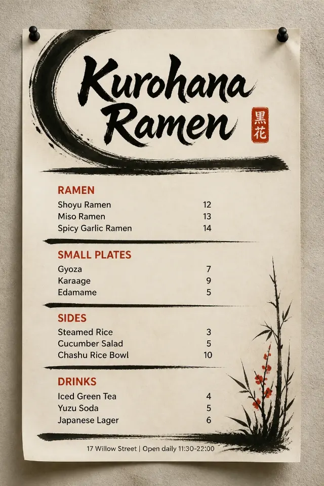 Japanese-Inspired Ramen Shop Wall Menu