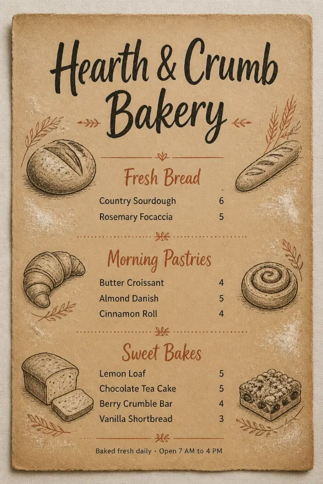 Kraft Paper Bakery Menu With Hand Drawn Illustrations