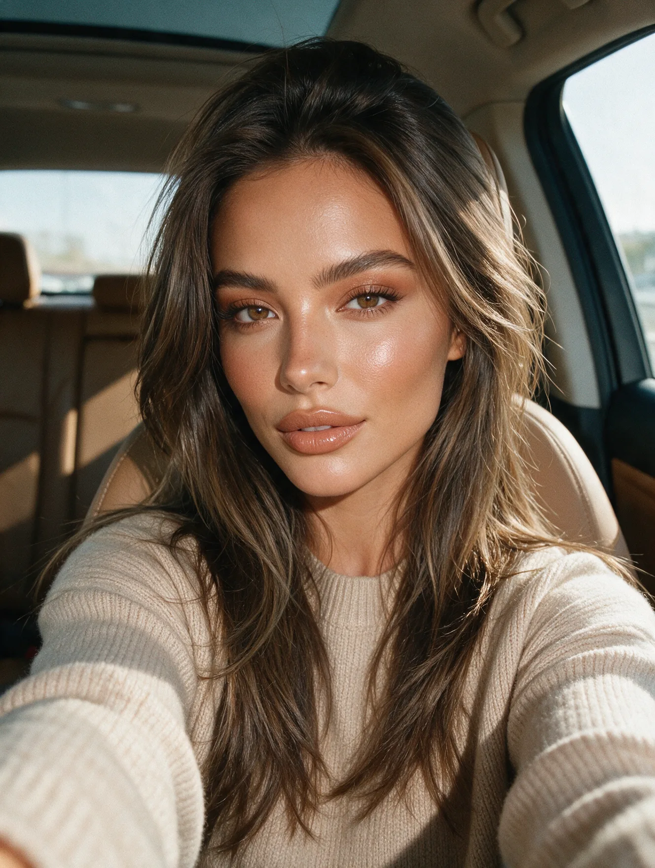 Latte Makeup Car Seat Selfie
