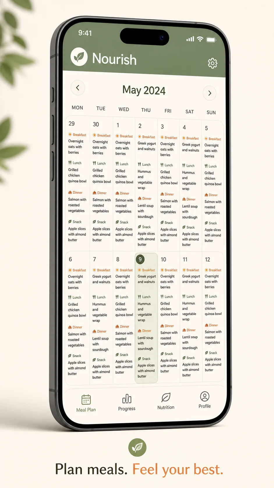Meal Plan Calendar Nutrition App Mockup