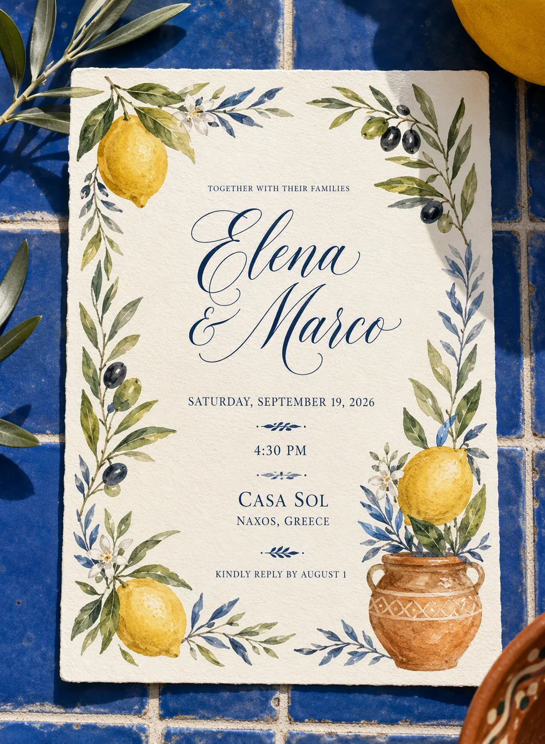 Mediterranean Lemon Olive Wedding Invitation
