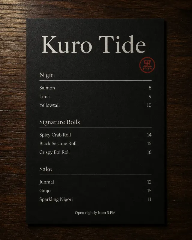 Minimal Black Sushi Bar Table Menu