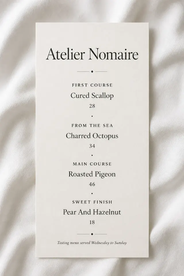 Minimal Fine Dining Tasting Menu Card
