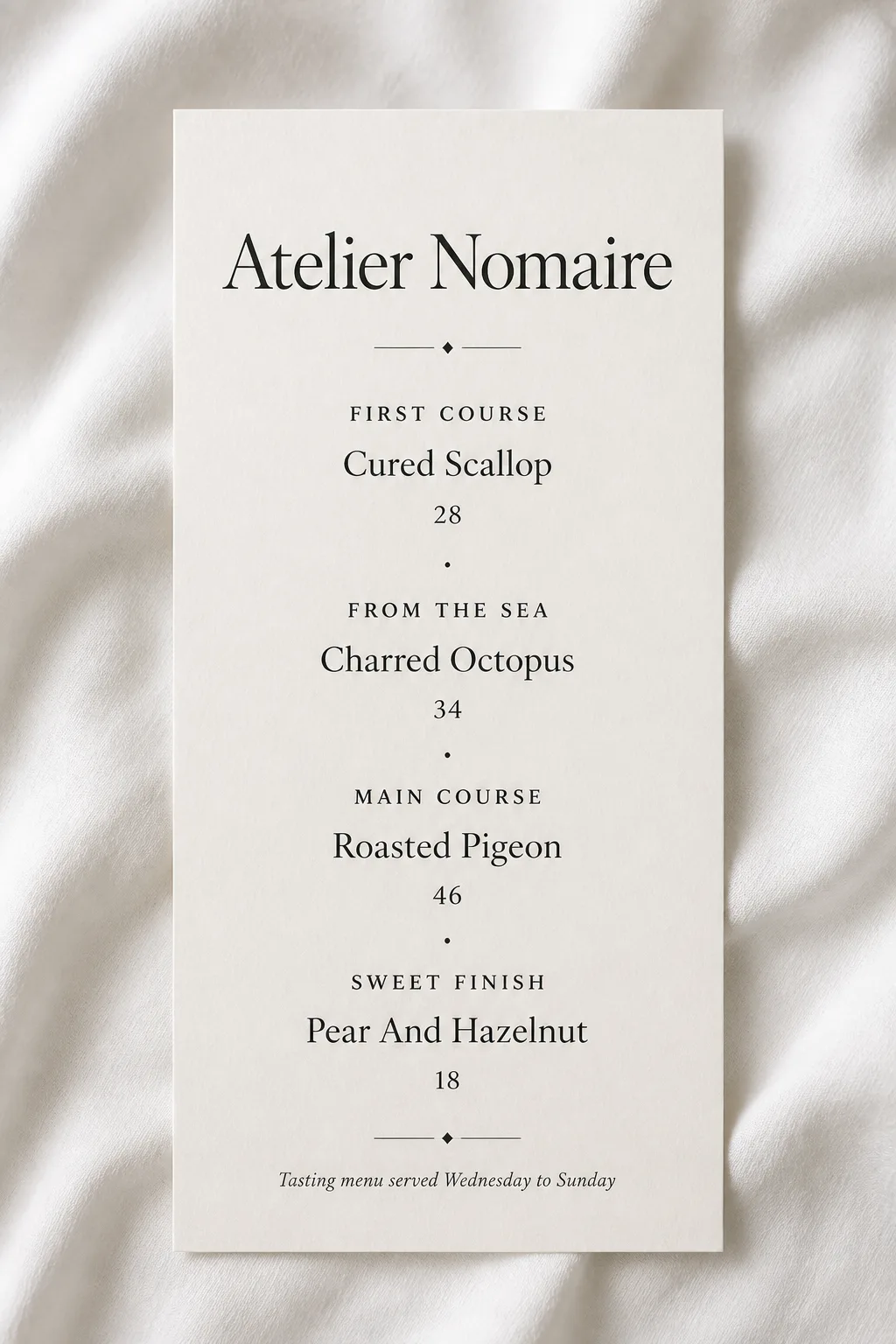 Minimal Fine Dining Tasting Menu Card