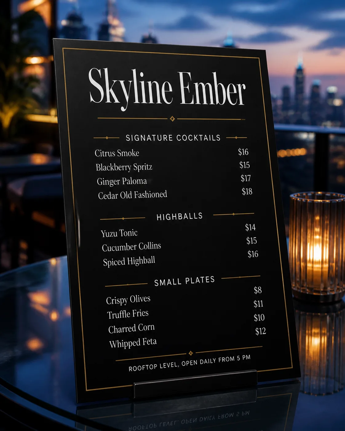 Minimal Gold Rooftop Bar Menu Mockup