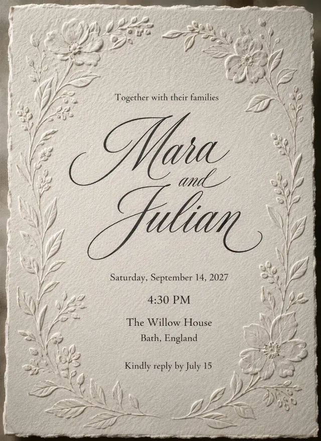 Monochrome Embossed Floral Wedding Invitation