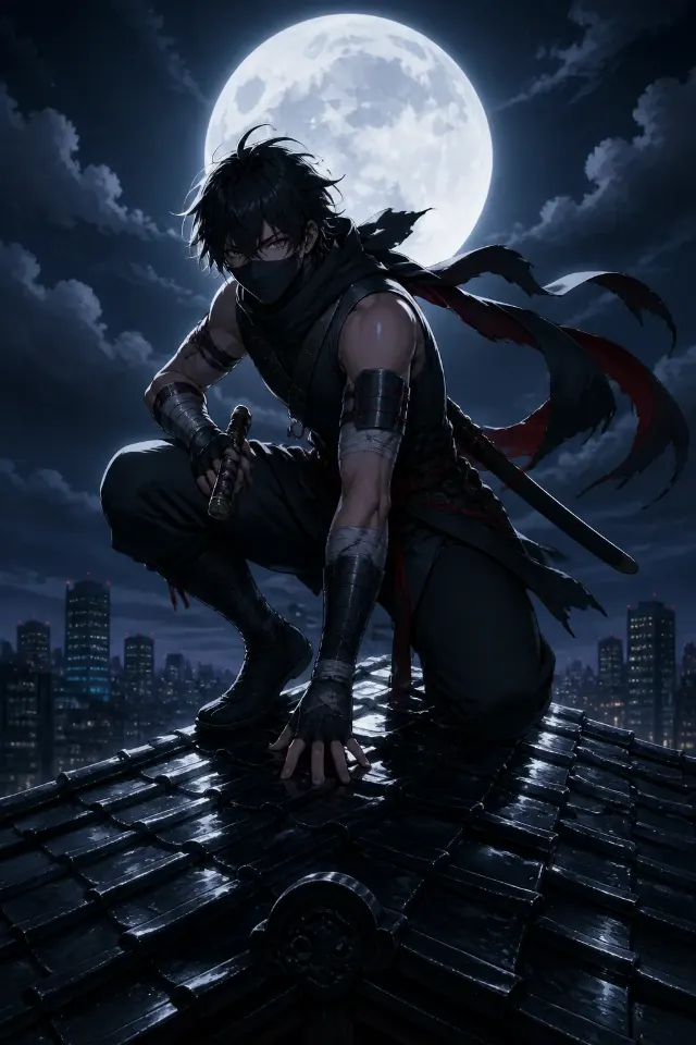 Moonlit Shonen Ninja Rooftop Illustration