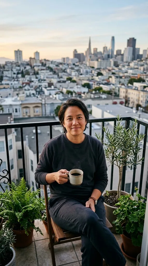 Morning Coffee Balcony City Portrait