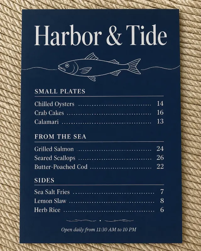 Navy And White Seafood Menu Design