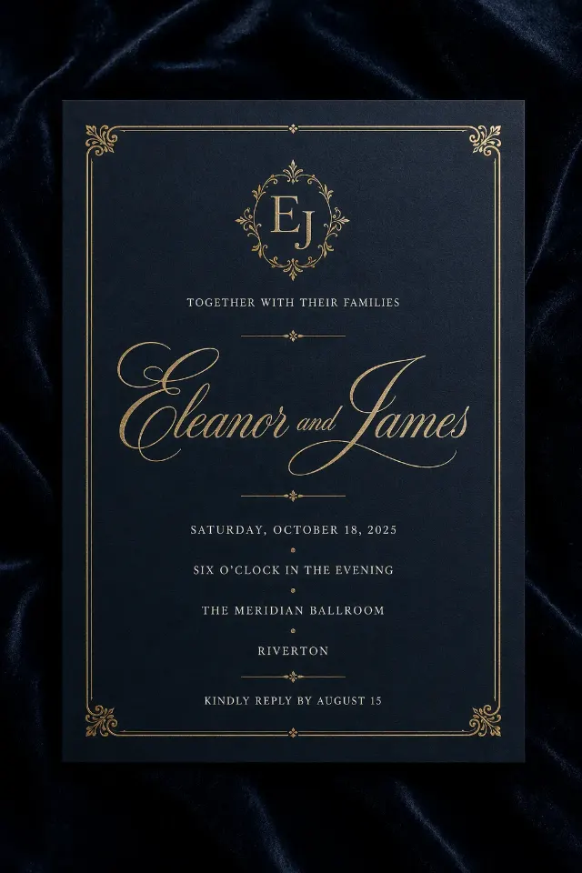 Navy Gold Black Tie Wedding Invitation