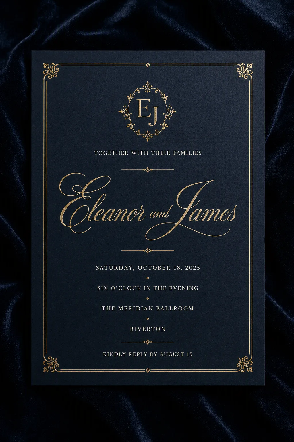 Navy Gold Black Tie Wedding Invitation