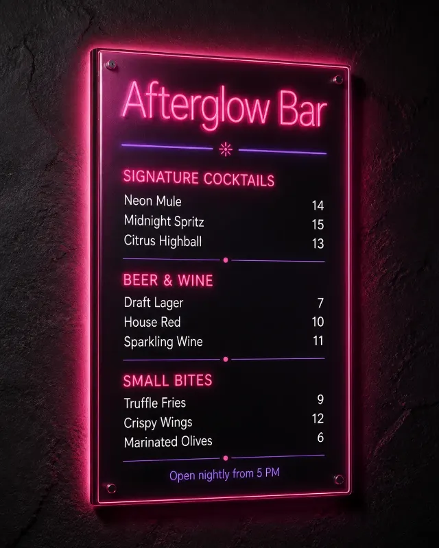Neon Bar Menu Board On Dark Wall