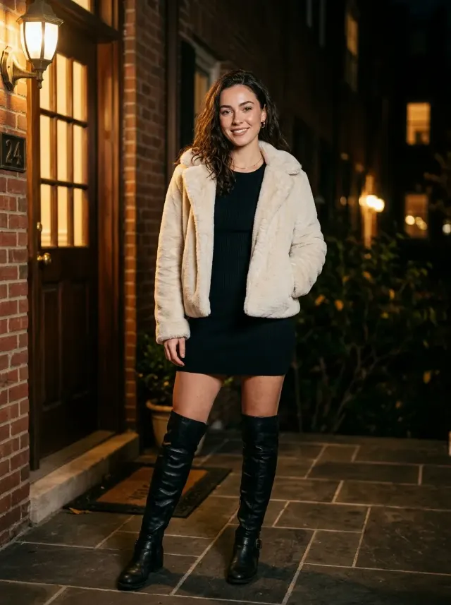 Nighttime Faux Fur Doorway Fashion Portrait