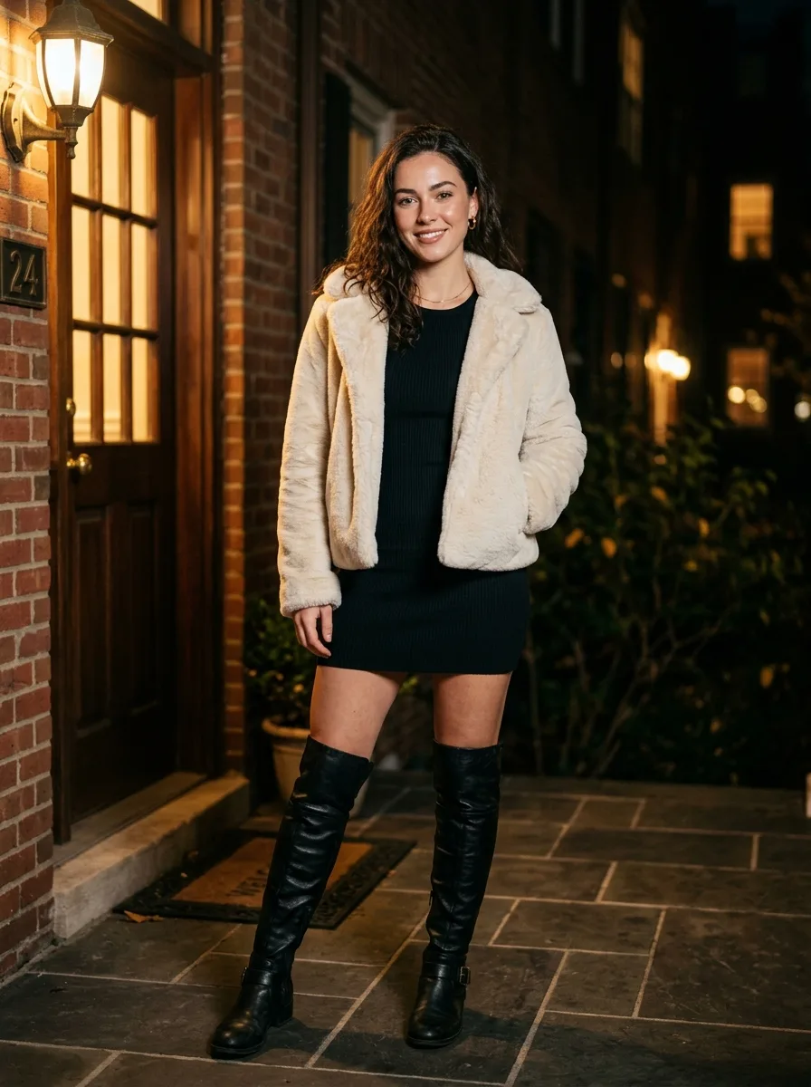 Nighttime Faux Fur Doorway Fashion Portrait