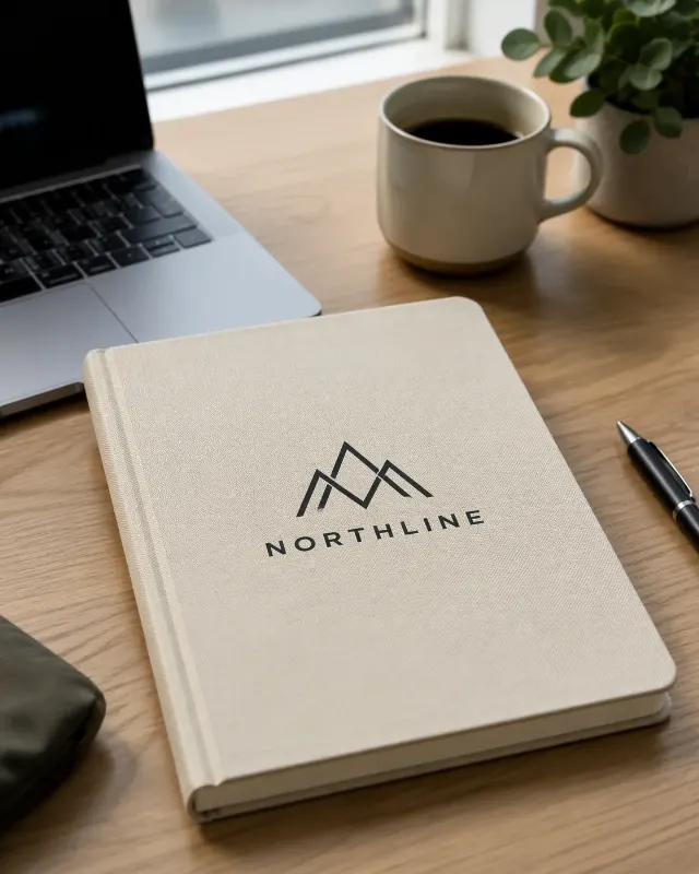 Notebook Logo Mockup On Office Desk