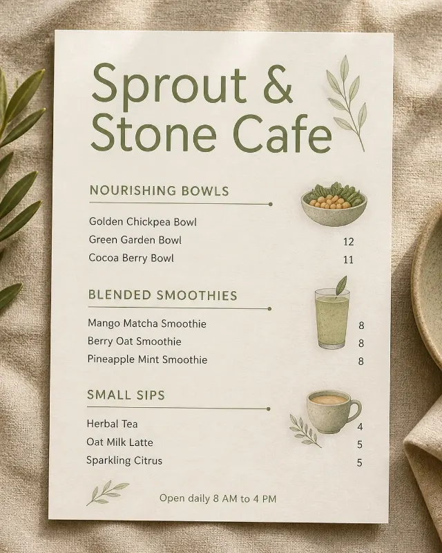 Off-White Sage Green Vegan Cafe Menu