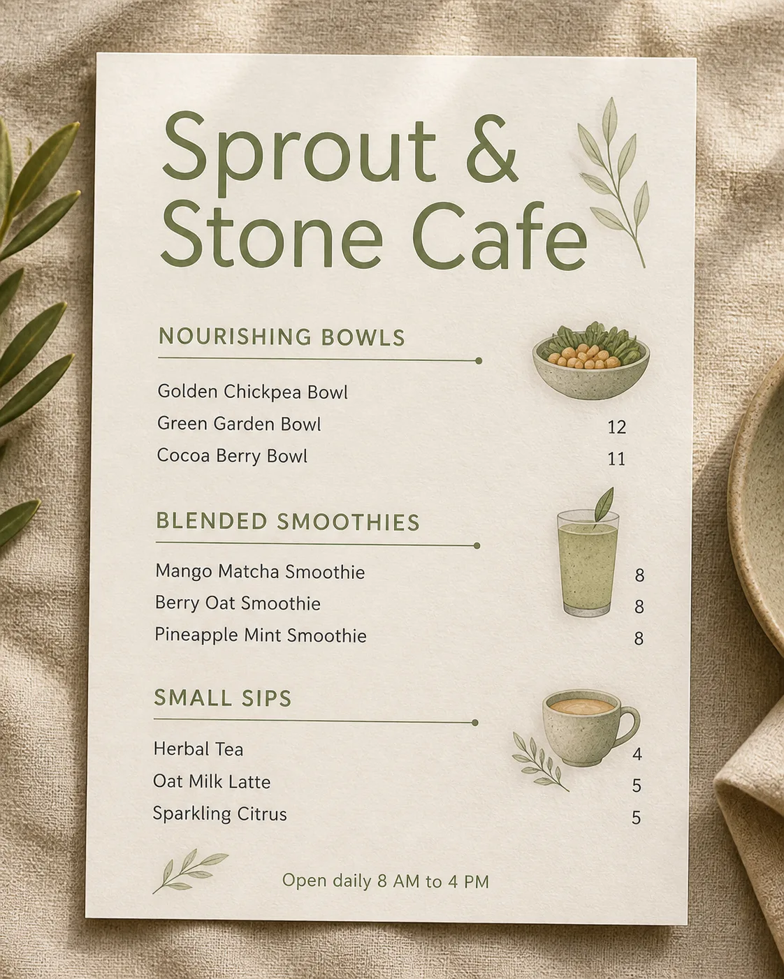 Off-White Sage Green Vegan Cafe Menu