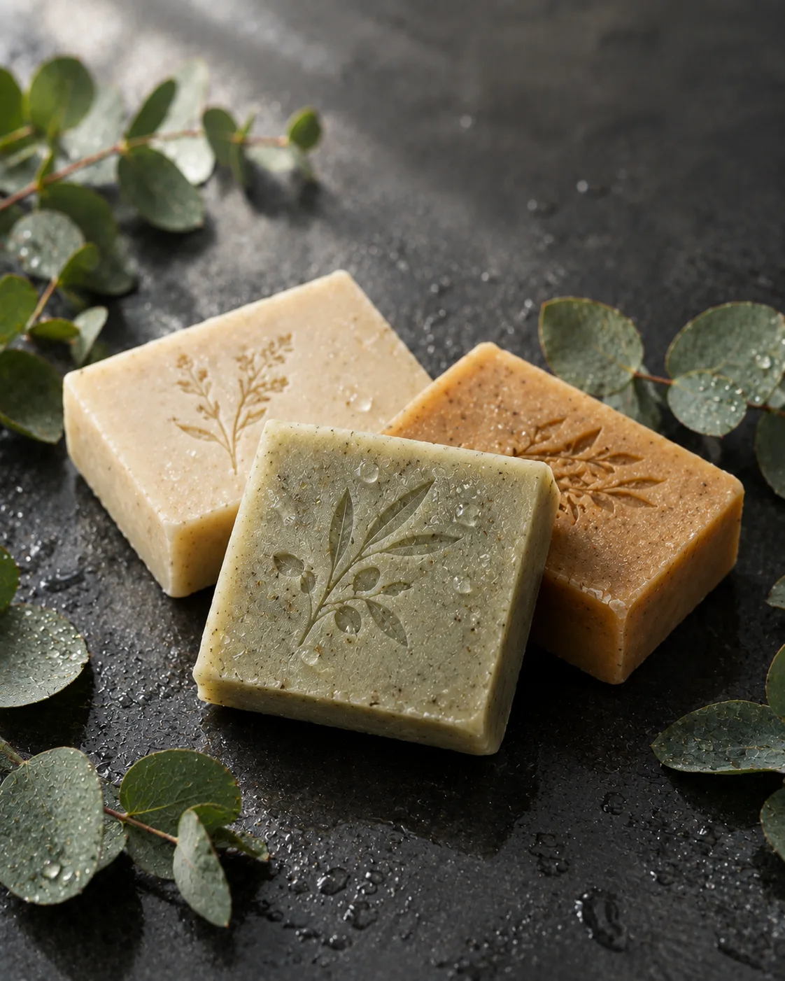 Organic Soap Product Photo On Wet Slate
