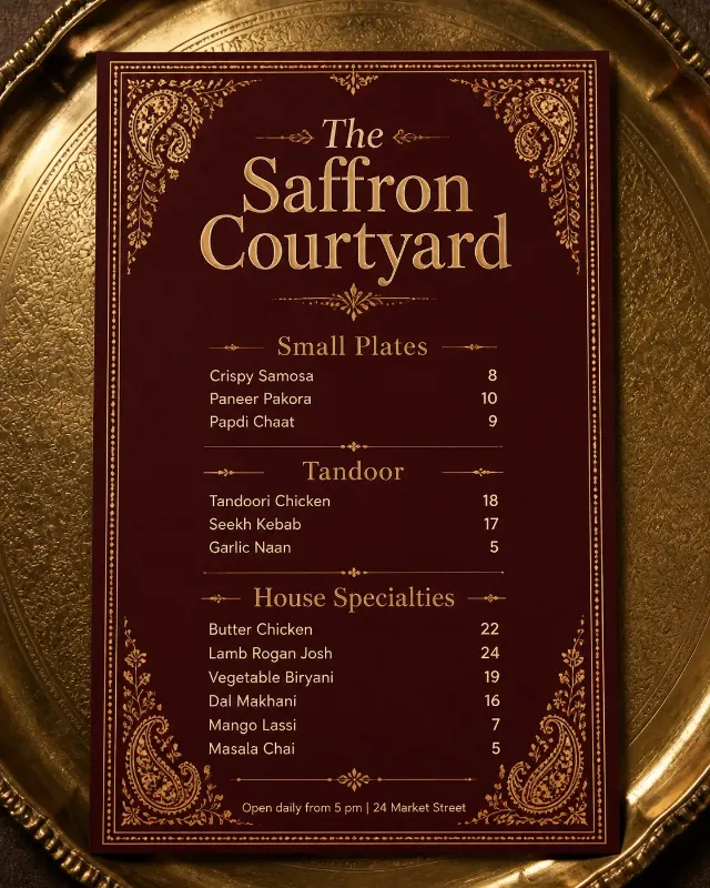 Ornate Indian Restaurant Menu On Brass