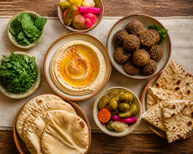 Overhead Middle Eastern Mezze Spread