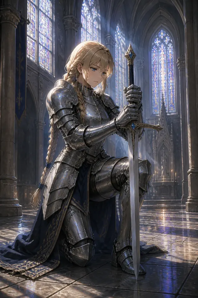 Painterly Anime Knight Cathedral Illustration