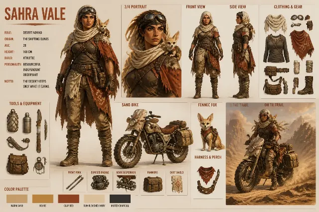 Painterly Desert Nomad Character World Sheet