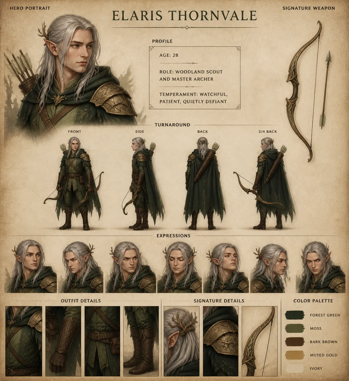 Painterly Elven Archer Character Reference Sheet