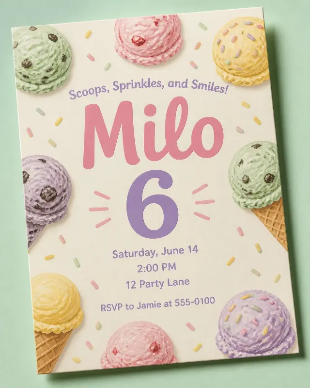 Pastel Ice Cream Party Birthday Invitation