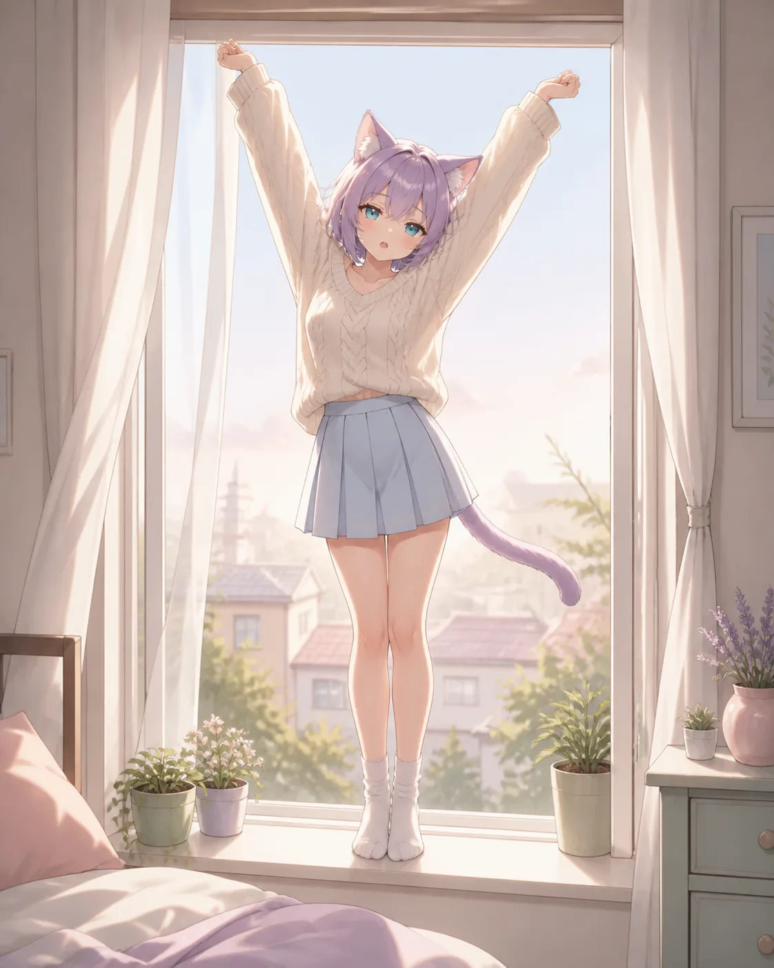 Pastel Morning Anime Cat-Eared Character