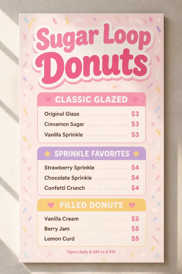 Pastel Pink Donut Shop Wall Menu