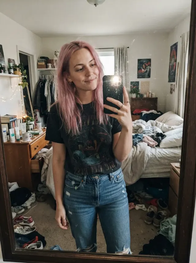 Pastel Pink Hair Bedroom Mirror Selfie