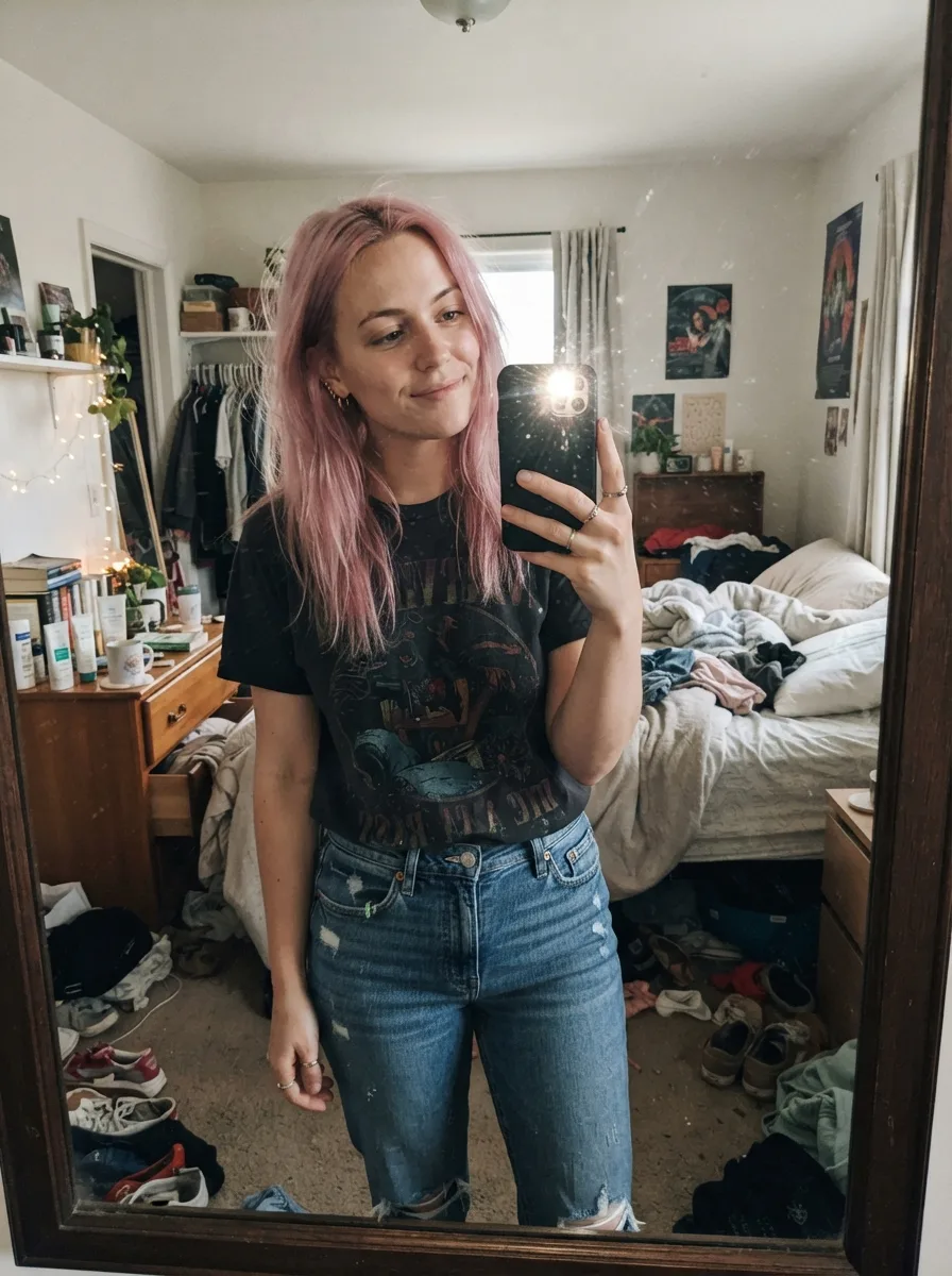 Pastel Pink Hair Bedroom Mirror Selfie